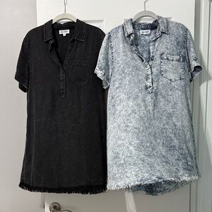 Black and Acid Wash Denim Shirt Dresses with side slit pockets.